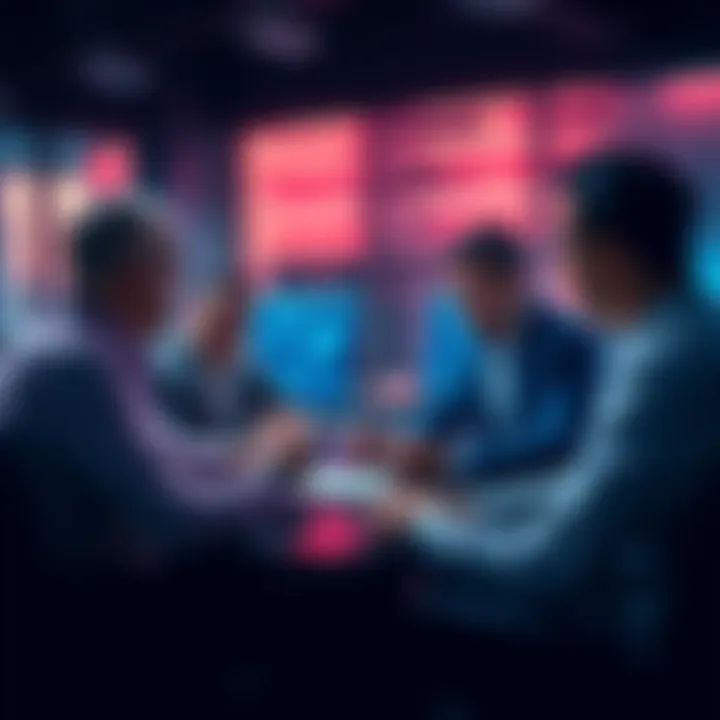 A group of cybersecurity experts discussing quantum computing threats in a modern office setting