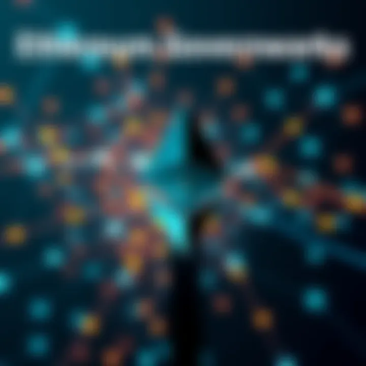 A visual of the Ethereum logo with a digital network background, symbolizing decentralized governance with interconnected nodes.