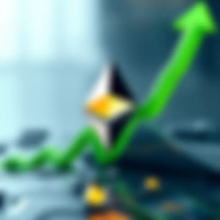 Ethereum logo surrounded by green arrows indicating growth