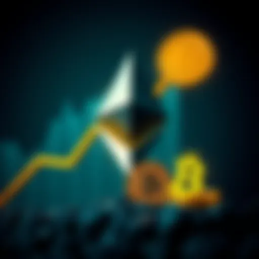 Ethereum logo with a rising graph and Bitcoin and gold symbols crossed out, representing a shift in investment focus