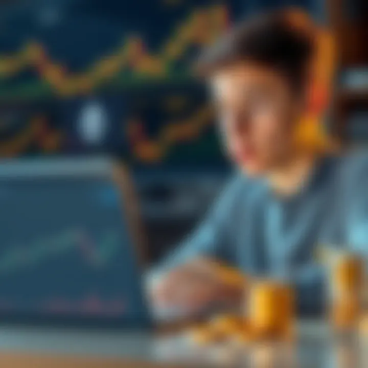Ethereum Investment Concept A young person looking at charts and digital coins, considering investing in Ethereum, with a laptop in front showing market trends.