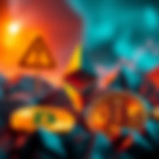 A graphic showing Ethereum symbol with warning signs, highlighting risks like rug pulls and unstable projects, contrasting with a Bitcoin symbol representing stability.