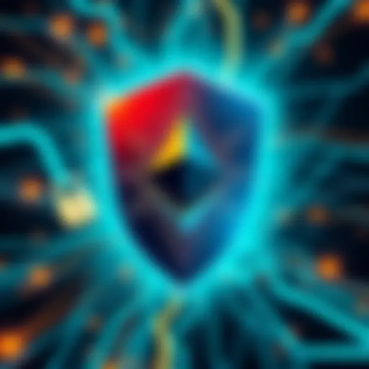 A digital shield representing the security of the Ethereum network, surrounded by binary code and security icons.