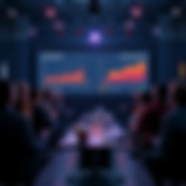 A professional gathering showcasing Ethereum investment opportunities with charts and graphs indicating financial growth