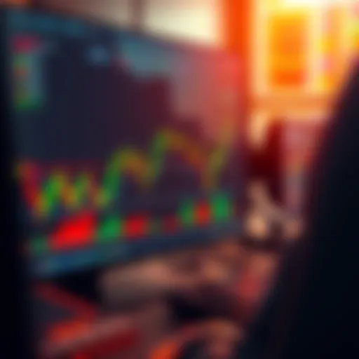 A trader analyzing Ethereum graphs and charts on a computer screen, depicting buy and sell strategies with green and red indicators.