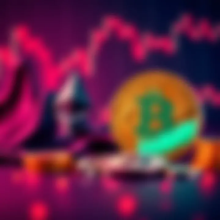 A visual representation showing Ethereum's price dropping while Bitcoin's price remains stable, with graphs and coins illustrating the trend.