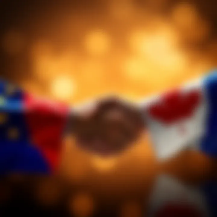 EU and Canada Partnership Flags of the EU and Canada shaking hands symbolizing a new trade and security partnership.