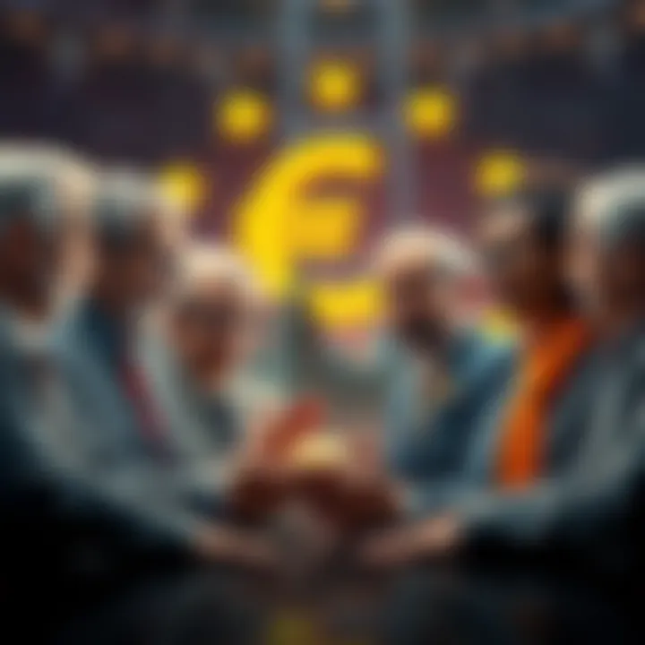 A group of diverse bank representatives discussing a digital currency with Euro symbols in the background.