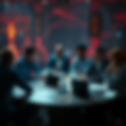 A group of people discussing plans at a round table, with papers and a laptop open