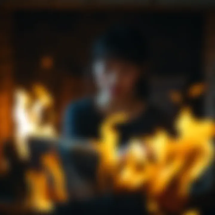 A woman burning books in a fireplace, representing lost access to cryptocurrency information.