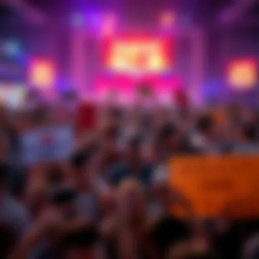 A crowd of people eagerly awaiting an event, filled with energy and anticipation, holding signs and banners in a festive atmosphere