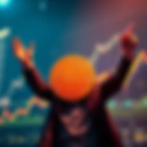 An investor joyfully holds a Bitcoin symbol while standing next to a chart showing rising prices.