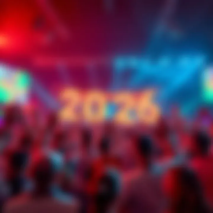 A crowd of people cheering and celebrating with banners for the year 2026, filled with anticipation and joy.