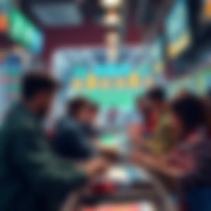 A lively scene showing people placing bets on various sports events, with betting slips and odds visible.