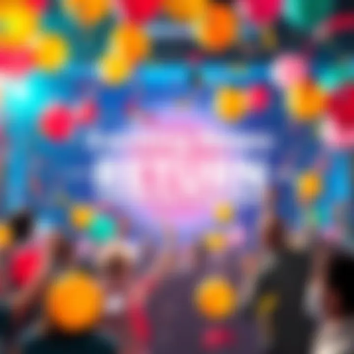 A lively scene with colorful balloons and confetti celebrating a grand reopening or return event.