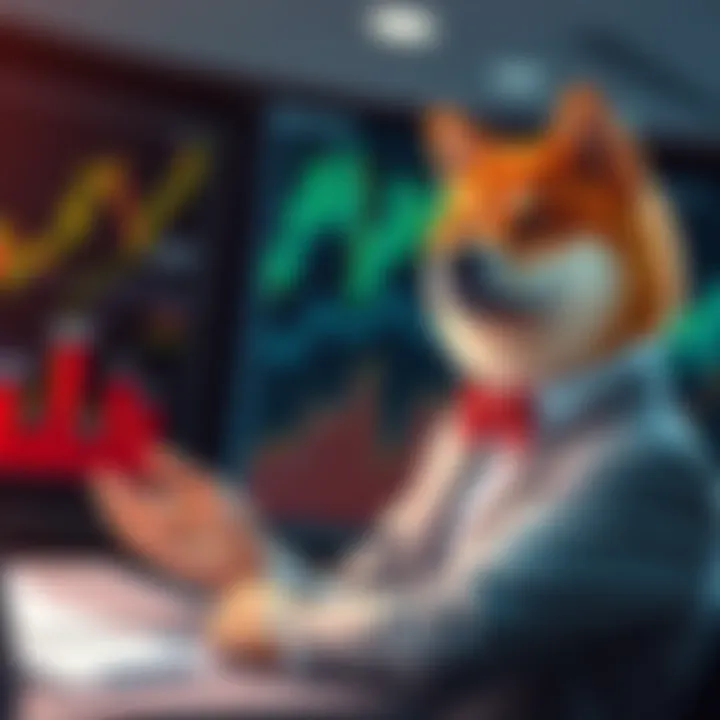 An expert confidently addressing new Shiba Inu investors with positive investment advice, with graphs and charts in the background.