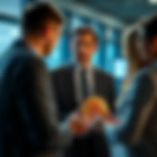 A professional discussing Bitcoin in an office setting, addressing skepticism from colleagues