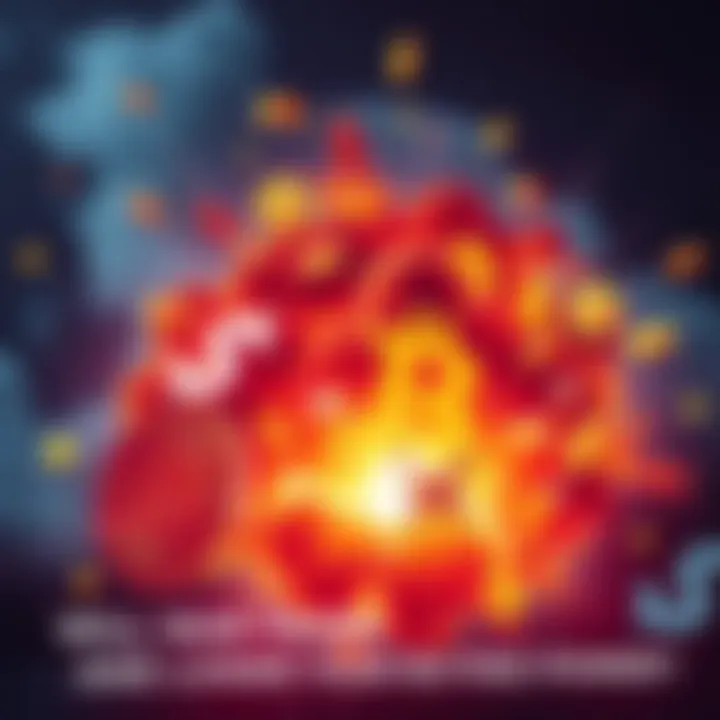 A graphic showing an explosion with various currency symbols like the dollar and Bitcoin, representing economic turmoil due to war.