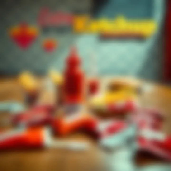 A table with fast food items and several ketchup packets scattered around, showing a demand for more ketchup.