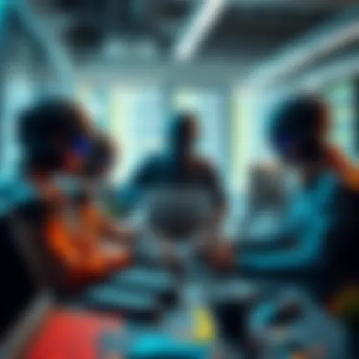 A team of digital agents collaborating on a coding project in a modern workspace, focusing on task management and efficiency.