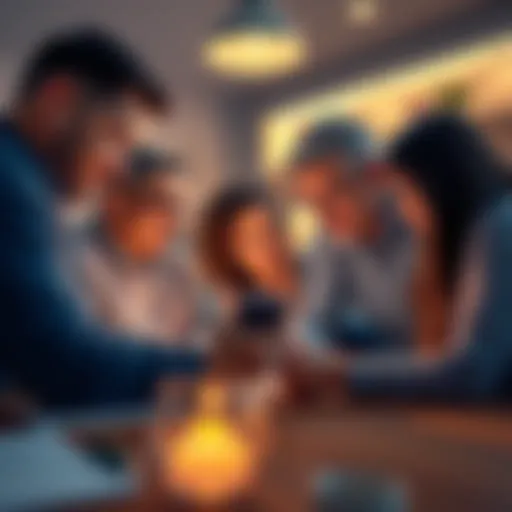 A group of friends and family members gathered around a phone reading a Facebook post, engaged in a lively debate about political issues.