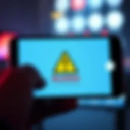 A smartphone displaying a fraudulent BlueWallet app with a caution sign on the screen