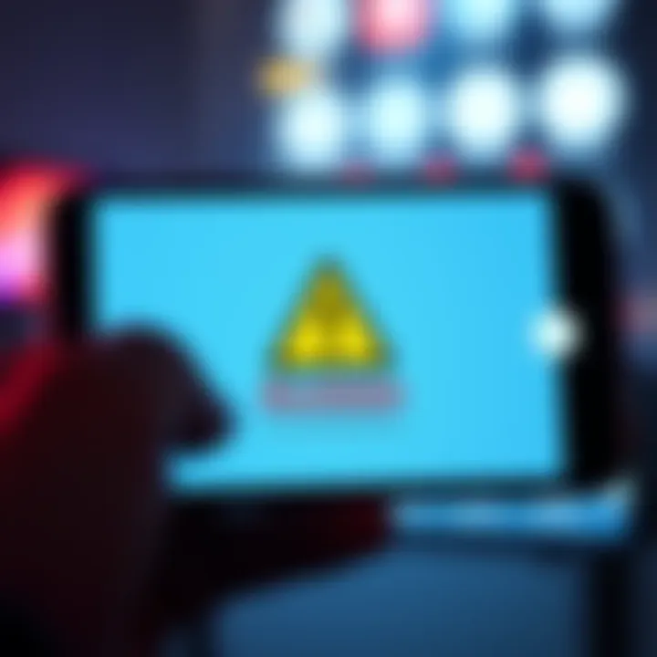 Warning about fake BlueWallet app A smartphone displaying a fraudulent BlueWallet app with a caution sign on the screen