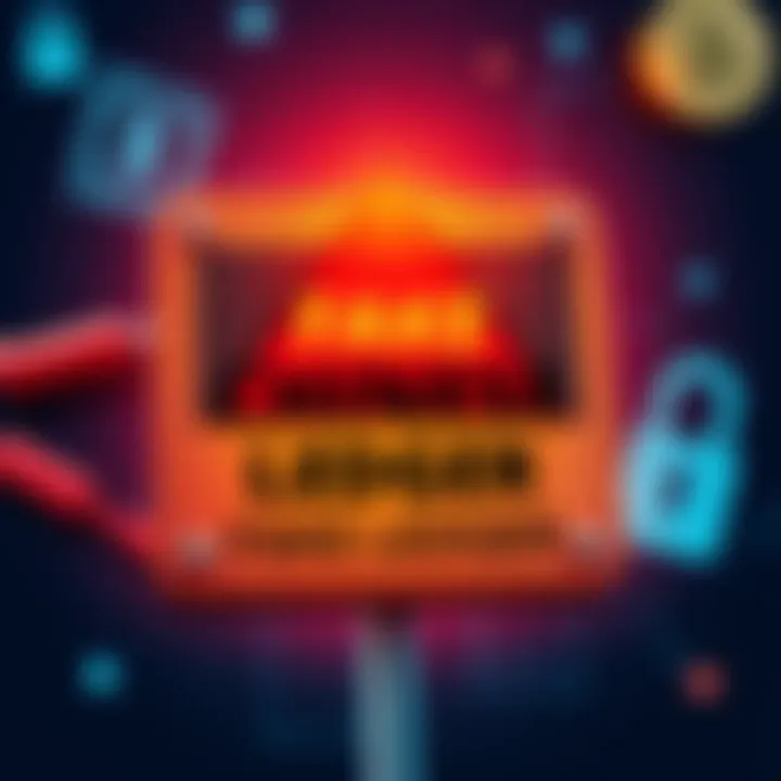 A digital illustration showing a warning sign about a fake Chinese ledger, with a background of financial tools and security symbols.