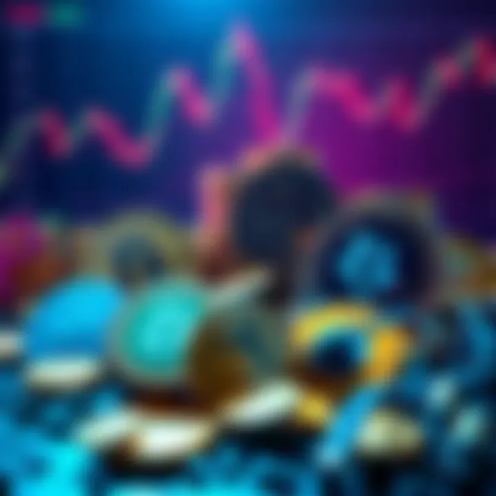 A visual representation of various cryptocurrency coins like Nano and IOTA, depicting their decline from high values, set against a backdrop of charts showing market dips.