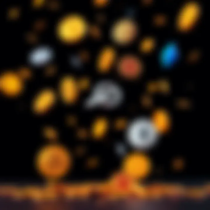 A variety of cryptocurrency symbols, such as Bitcoin and Ethereum, falling against a dark background, indicating a market decline.