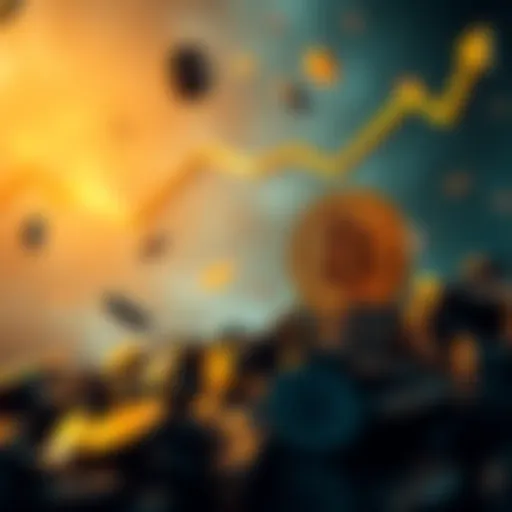 A graphic showing the US dollar symbol dropping, while the Bitcoin symbol is rising, representing the contrast between the two currencies