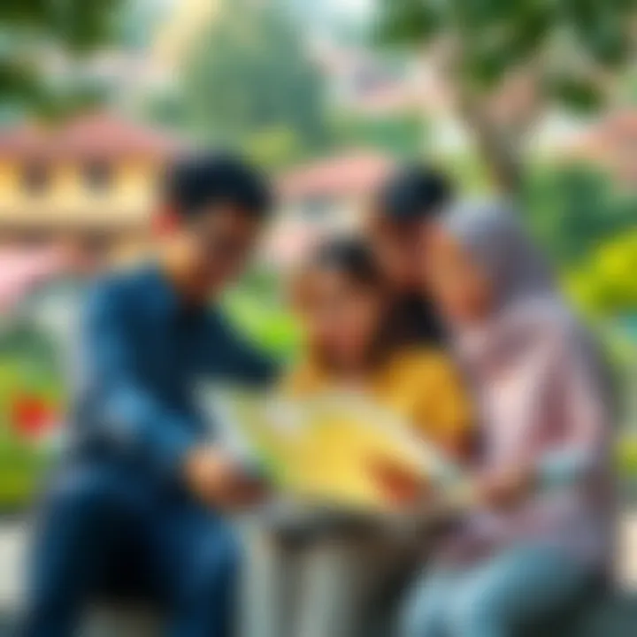 A family looking at a map with a laptop, discussing potential places to relocate outside Jakarta, with houses and greenery in the background.