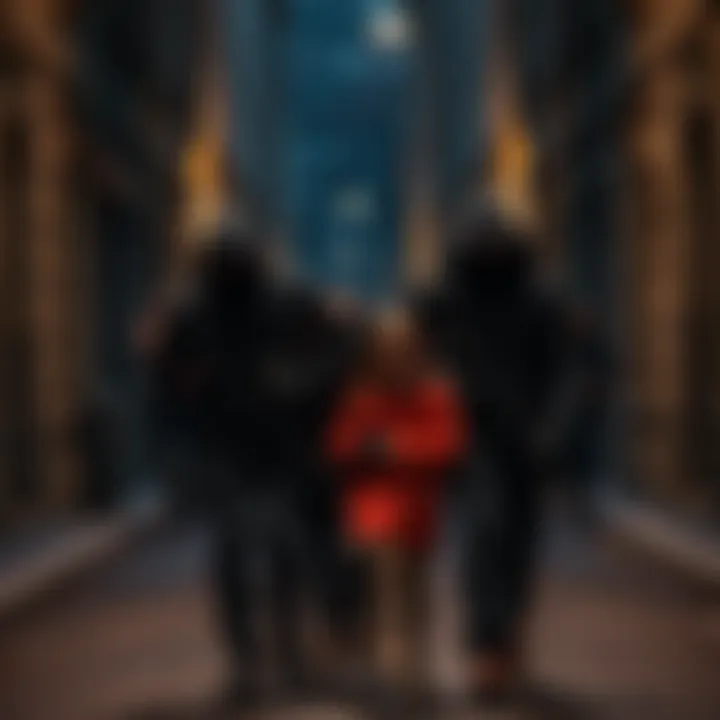 A family, including two children, being taken away by masked attackers in a dimly lit street, highlighting the dangers of cryptocurrency theft.