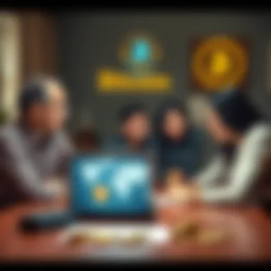 A family gathered around a table, discussing plans for securing Bitcoin assets for emergencies, with a laptop open showing cryptocurrency.