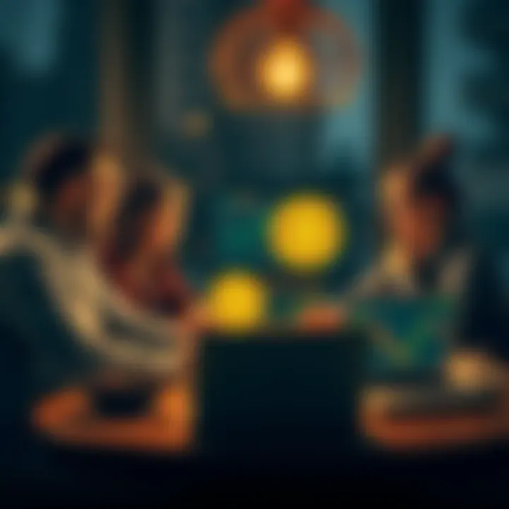 A family sitting together at a table, engaged in a conversation about Bitcoin, with charts and graphs visible on a laptop screen.