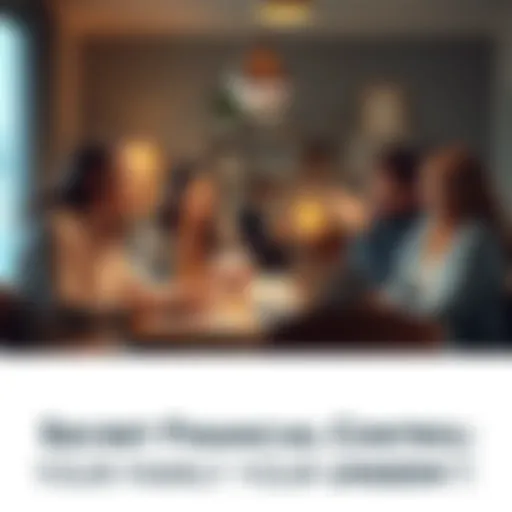 A family sitting at a table discussing their financial situation, showing various papers and a laptop, indicating dialogue about wealth management