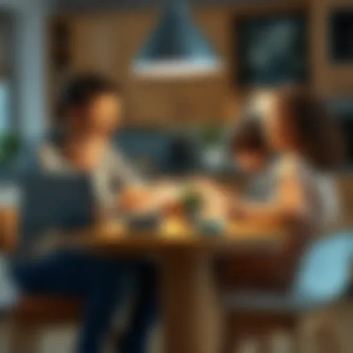 A couple with two kids sitting around a kitchen table, looking at financial documents and a laptop while discussing their budget for travel and savings.