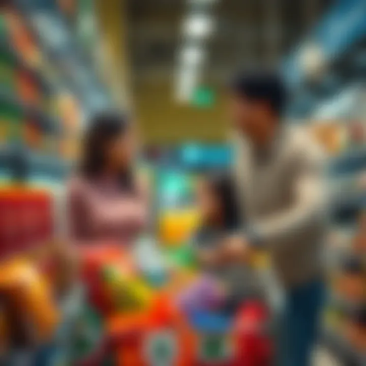 Family Grocery Shopping Together A family of three shopping for groceries, looking at products in a store aisle, emphasizing value over brand, with a shopping cart full of items.