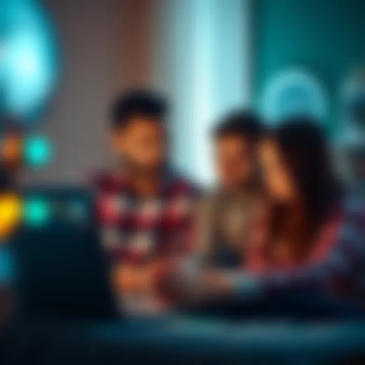 A family discussing investment options, looking at a laptop with charts and graphs on the screen