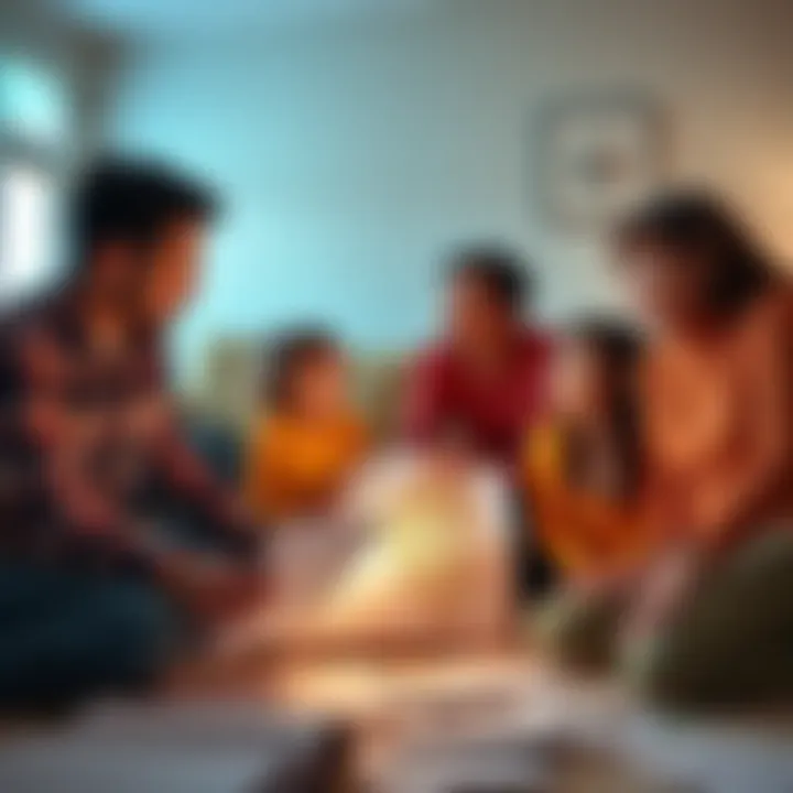 Family considering moving from Illinois A family of five discussing their future while looking at a map of Illinois and other states, surrounded by paperwork, representing taxes and financial decisions.
