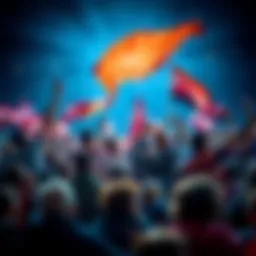 A crowd of excited fans waving flags and cheering at a rally