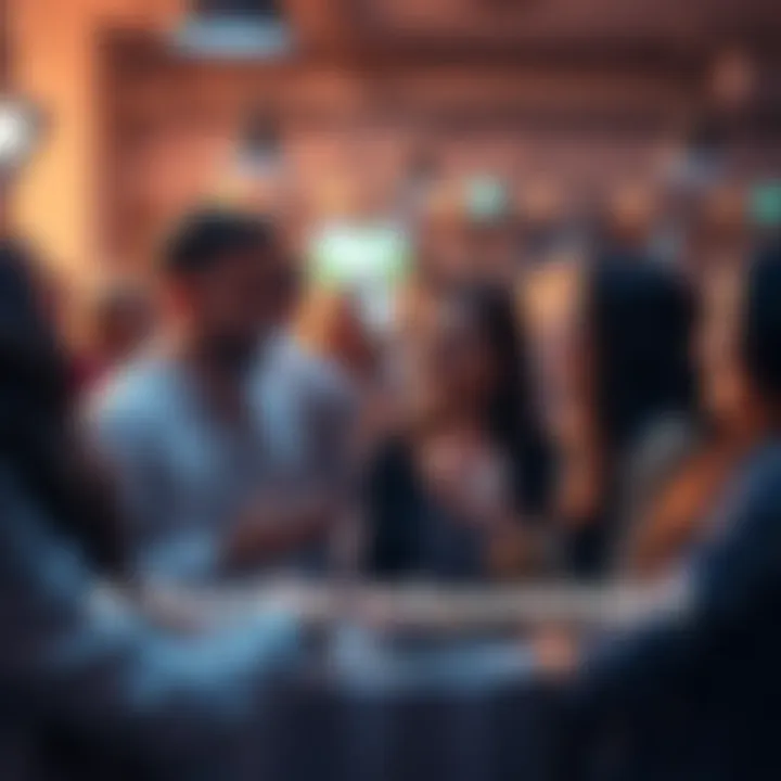 A group of people sharing heartfelt moments at a trading community farewell event, smiling and exchanging goodbyes.