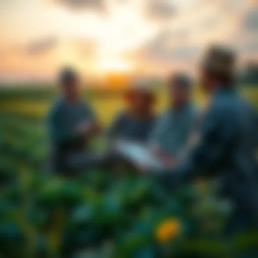 A group of farmers using modern technology in a field to discuss sustainable agriculture practices.