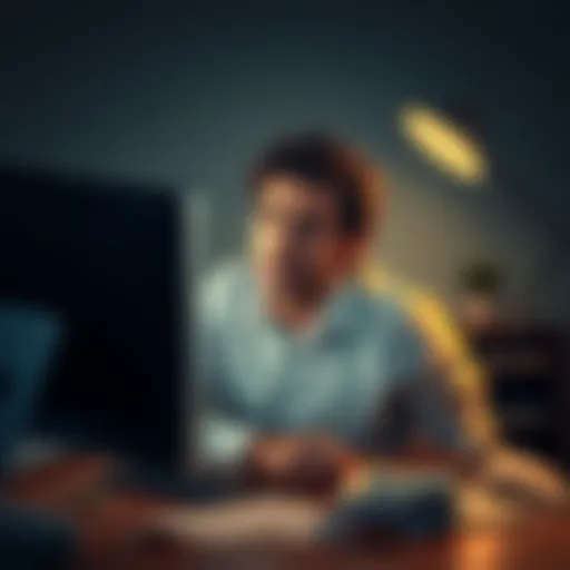 A distressed father sitting at a desk, looking at his computer screen in disbelief after losing money in cryptocurrency. His face reflects shock and sadness, surrounded by notes and a smartphone showi...