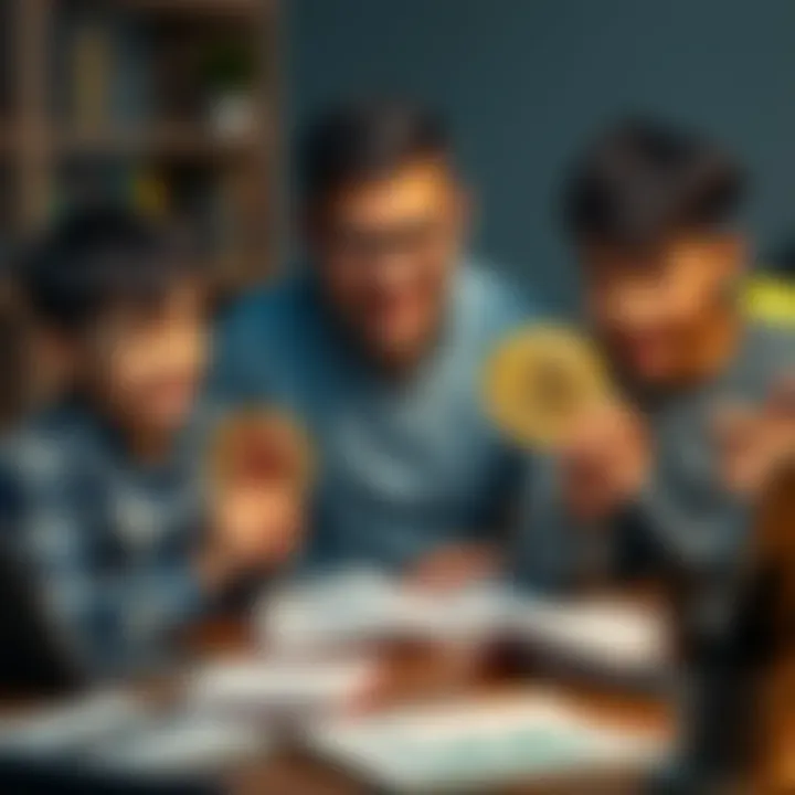 A father shows two physical Bitcoins to his young sons, smiling together around a table filled with financial books and a laptop, symbolizing their future investment.