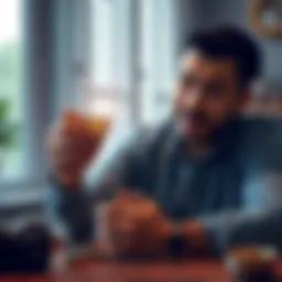 A dad sitting at a table, holding cryptocurrency coins with a hopeful expression, symbolizing his investment plans for his children's future.