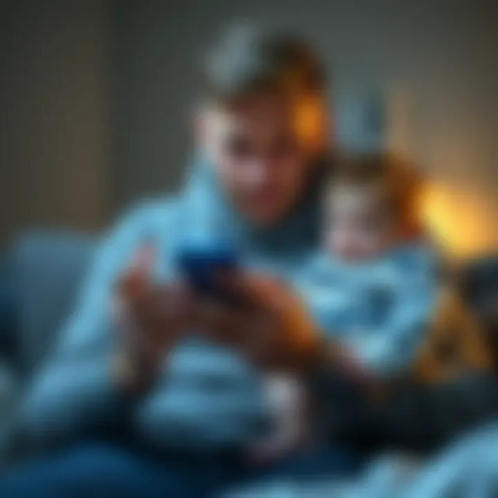 A worried father holding his infant son while looking at a phone with a bank app showing an error message, highlighting his frustration with frozen funds.