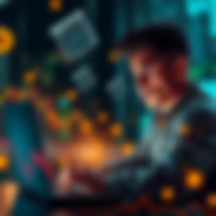 Fear and Uncertainty in Digital Assets A person looking worried while checking digital asset charts on a laptop, surrounded by symbols of cryptocurrencies and market trends.