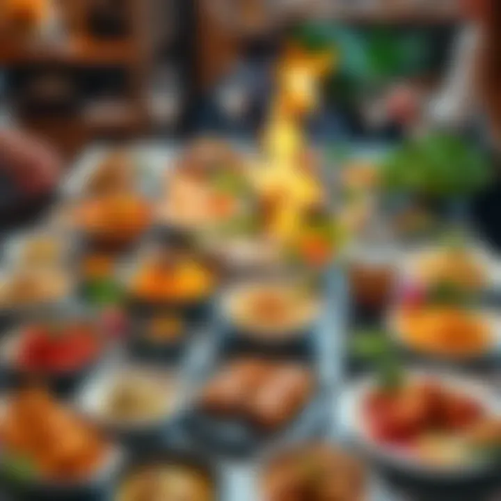 Feast of gourmet meals A beautifully arranged table filled with gourmet dishes, showcasing a variety of colorful and luxurious food, symbolizing abundance and celebration after a financial struggle.