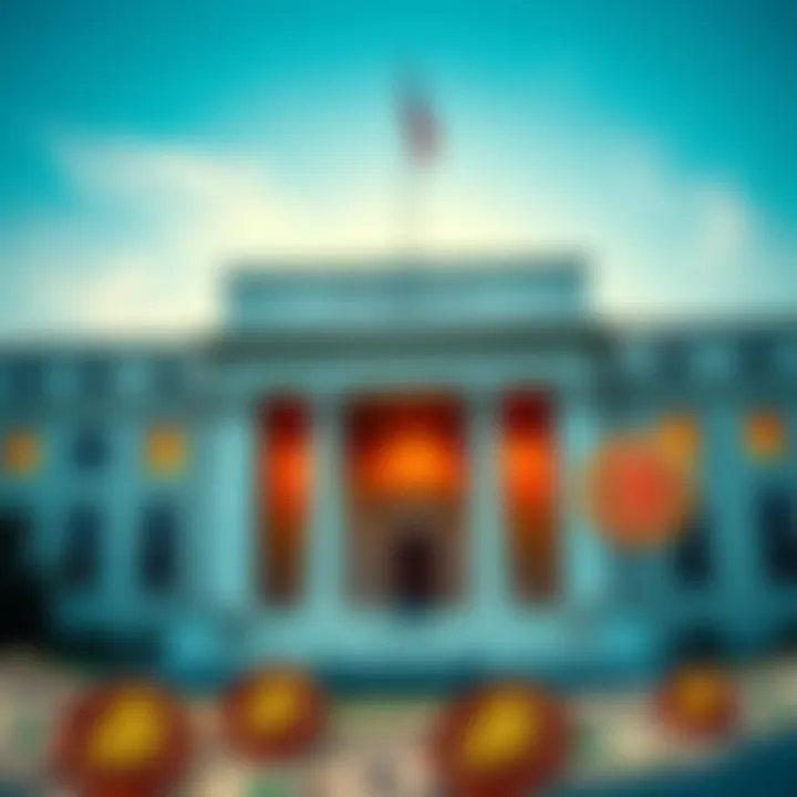 Federal Reserve building with dollar bills and Bitcoin symbols, representing interest rates and cryptocurrency discussions